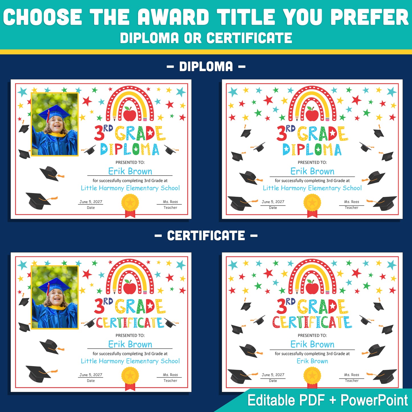 Editable 3rd Graduation Diploma & Certificate Set, Rainbow Stars Graduation Awards, Photo or No-Photo Options, Edit in PDF, PowerPoint, Canva