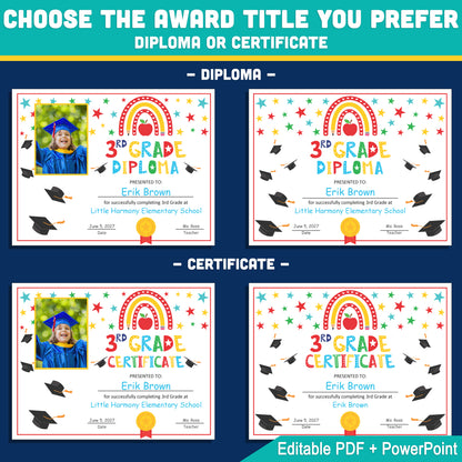 Editable 3rd Graduation Diploma & Certificate Set, Rainbow Stars Graduation Awards, Photo or No-Photo Options, Edit in PDF, PowerPoint, Canva