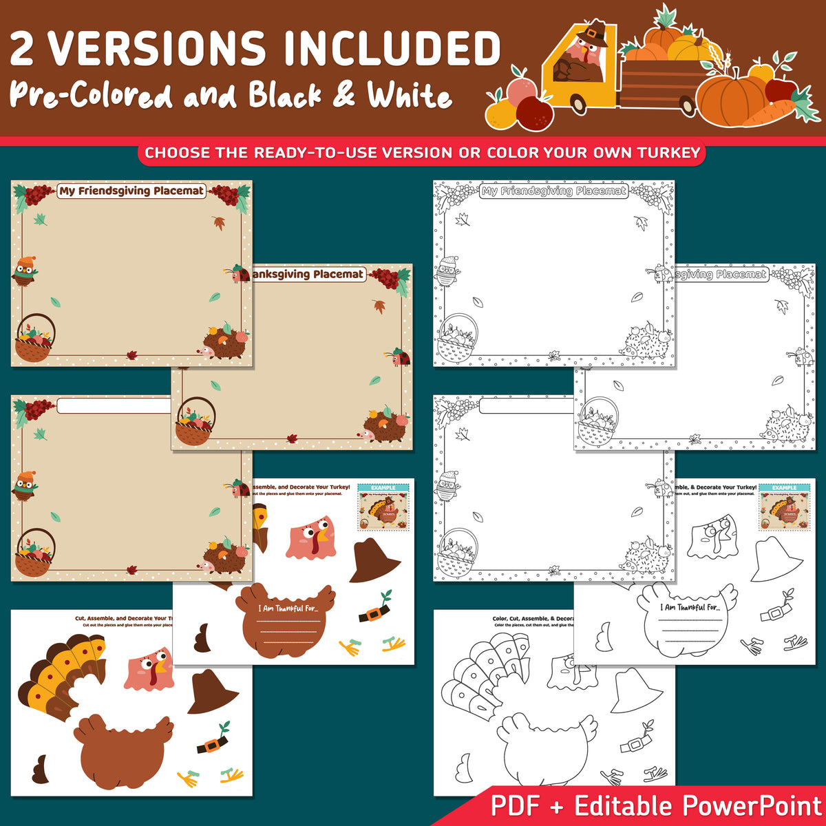 Thanksgiving Placemat Craft, Friendsgiving Placemat, Turkey Craft and Gratitude Writing
