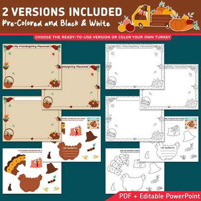 Thanksgiving Placemat Craft, Friendsgiving Placemat, Turkey Craft and Gratitude Writing