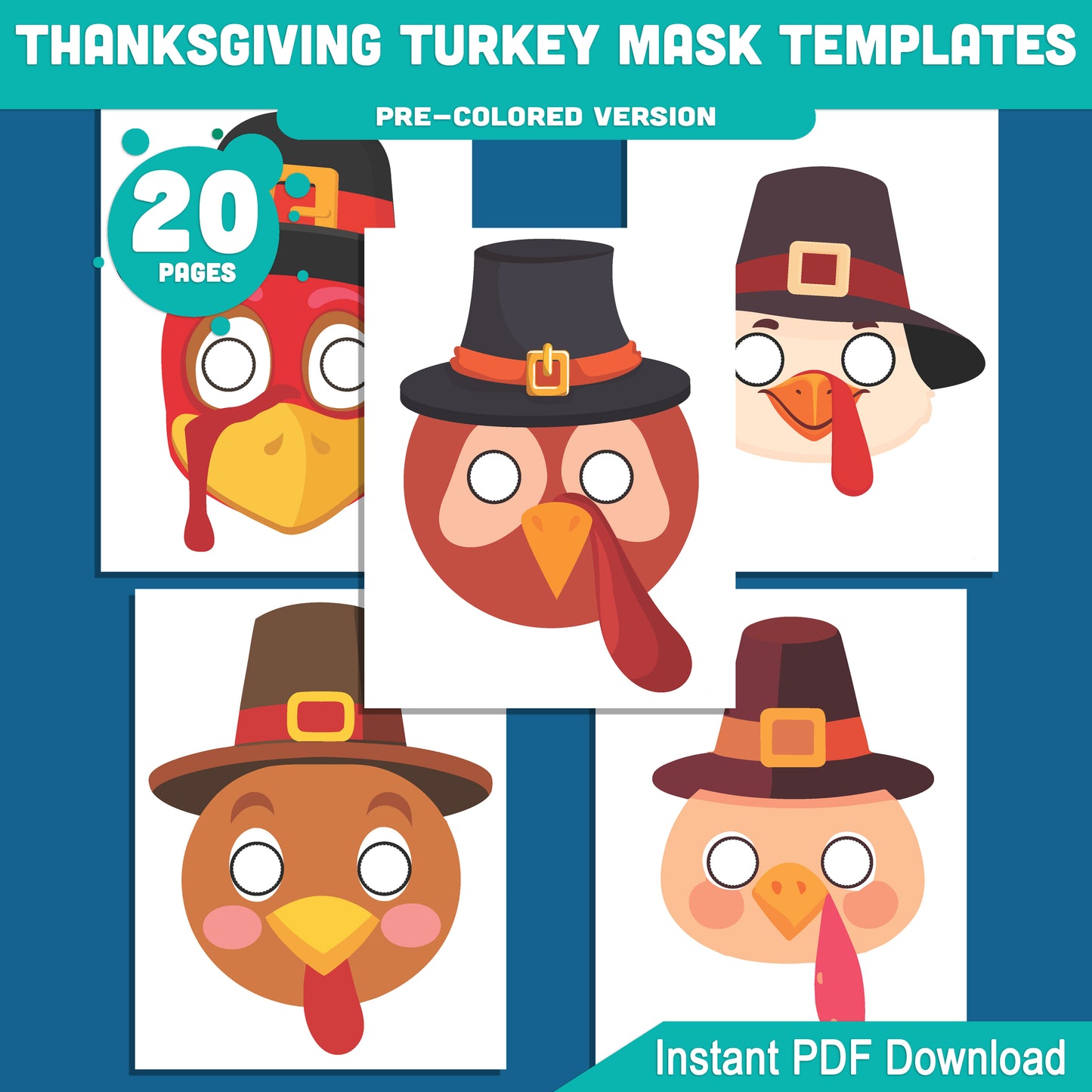 Printable Thanksgiving Turkey Mask Templates: Fun Fall Paper Craft for Kids, 10 Designs, Pre-Colored + Black and White, Perfect for Classroom Party or Family Craft