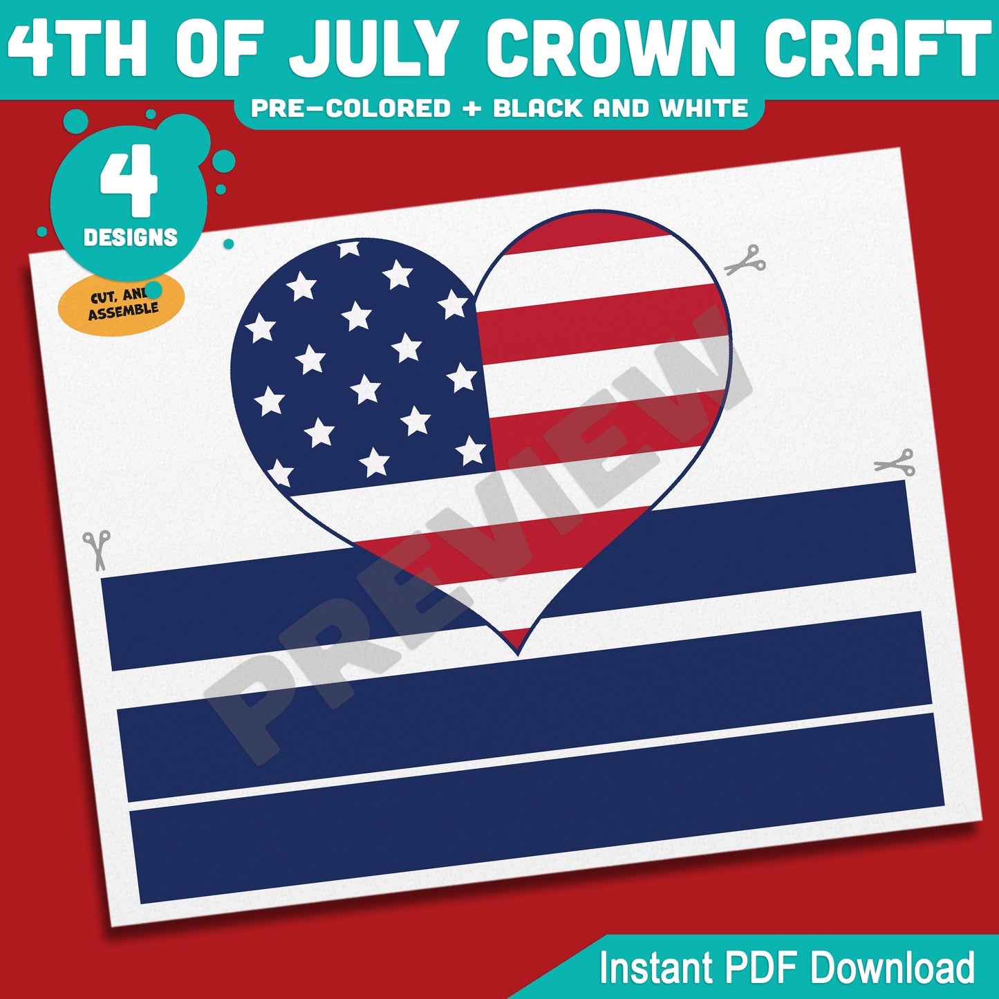 4th of July Crown Craft, Printable Holiday Headband Activity for Kids, Patriotic Coloring and Wearable Crown Templates