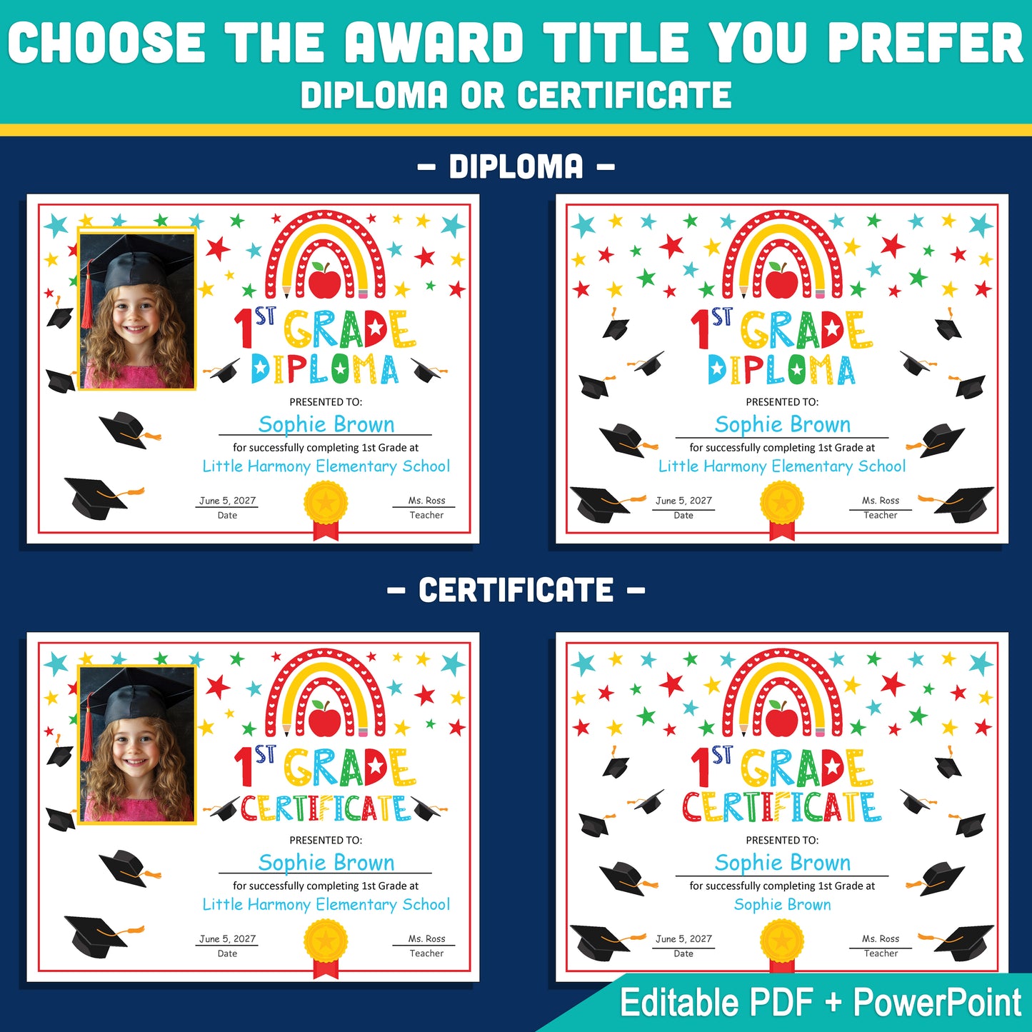 Editable 1st Graduation Diploma & Certificate Set, Printable Rainbow Stars Awards, Photo and No-Photo Options, PDF, PowerPoint, Canva