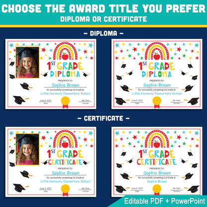 Editable 1st Graduation Diploma & Certificate Set, Printable Rainbow Stars Awards, Photo and No-Photo Options, PDF, PowerPoint, Canva