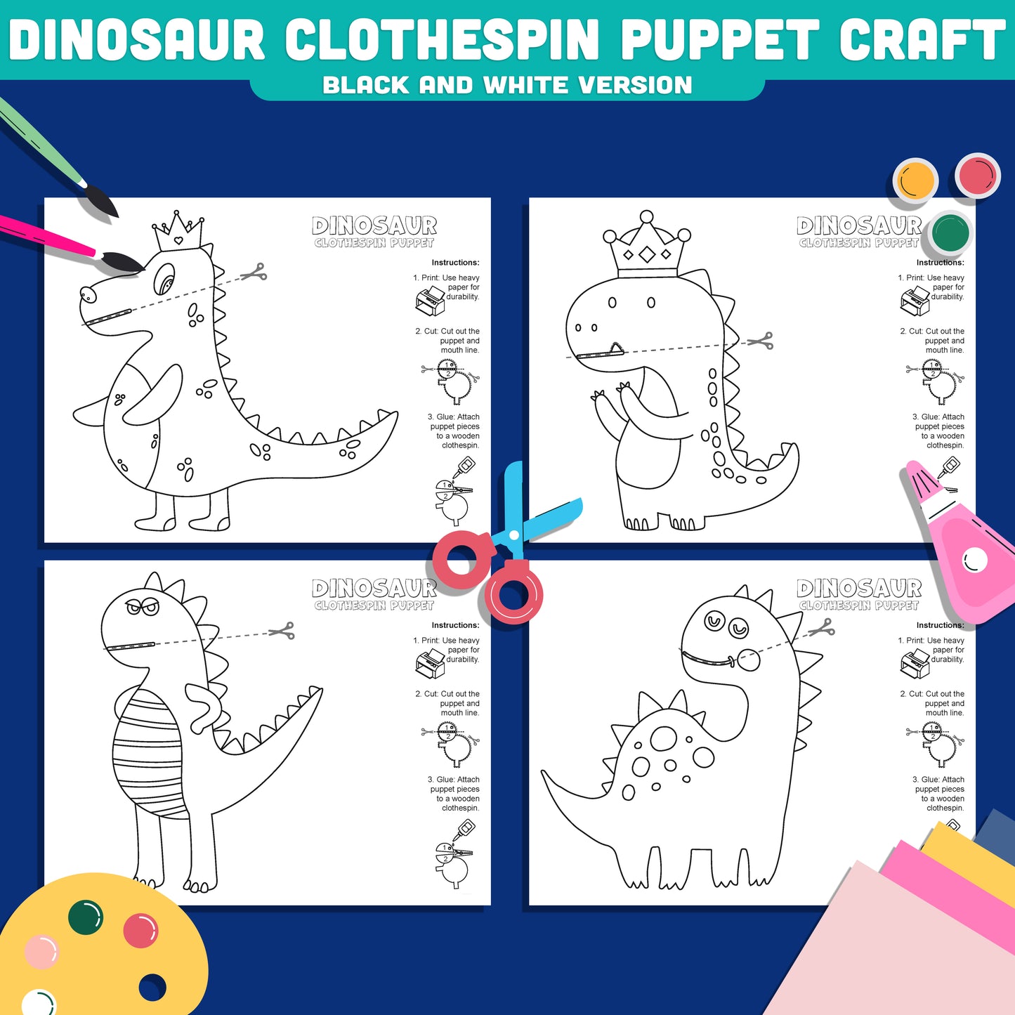 Dinosaur Clothespin Puppet Craft, Color Cut and Create Dinosaur Activity, Printable Puppet Templates for Kids PDF
