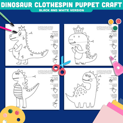 Dinosaur Clothespin Puppet Craft, Color Cut and Create Dinosaur Activity, Printable Puppet Templates for Kids PDF
