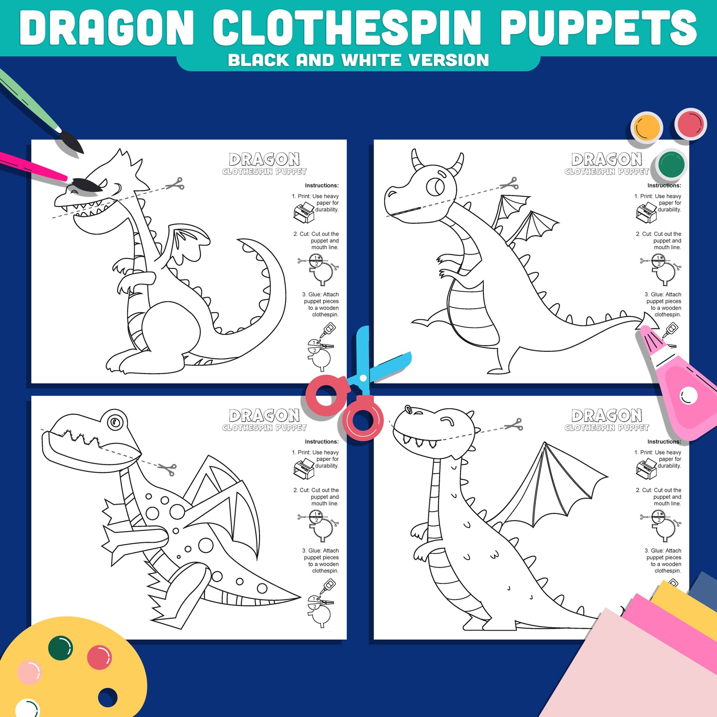 Dragon Clothespin Puppets, Color Cut and Create Fantasy Dragon Activity, Printable Puppet Craft PDF