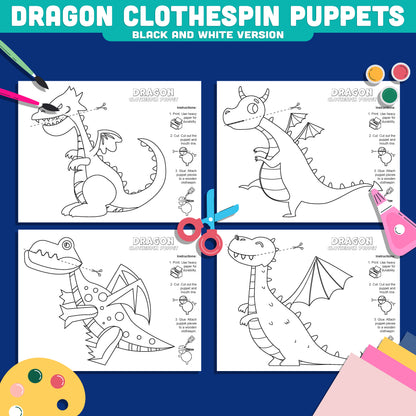 Dragon Clothespin Puppets, Color Cut and Create Fantasy Dragon Activity, Printable Puppet Craft PDF