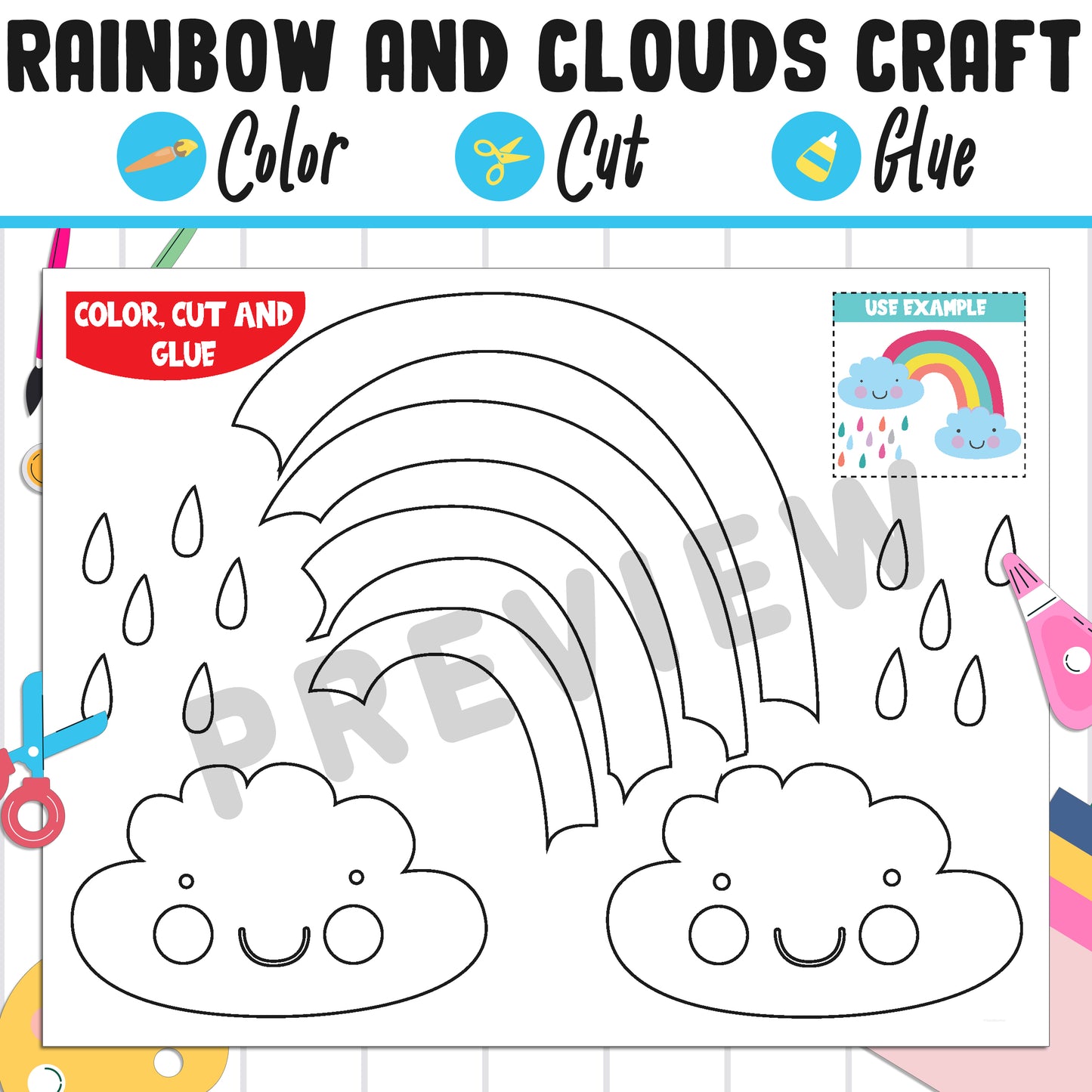 Rainbow and Clouds Craft for Kids: Color, Cut, and Glue, a Fun Activity for Pre K to 2nd Grade, PDF Instant Download