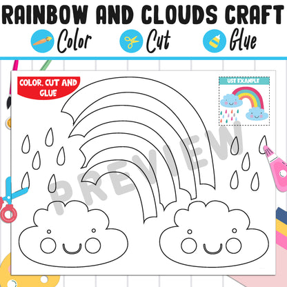 Rainbow and Clouds Craft for Kids: Color, Cut, and Glue, a Fun Activity for Pre K to 2nd Grade, PDF Instant Download