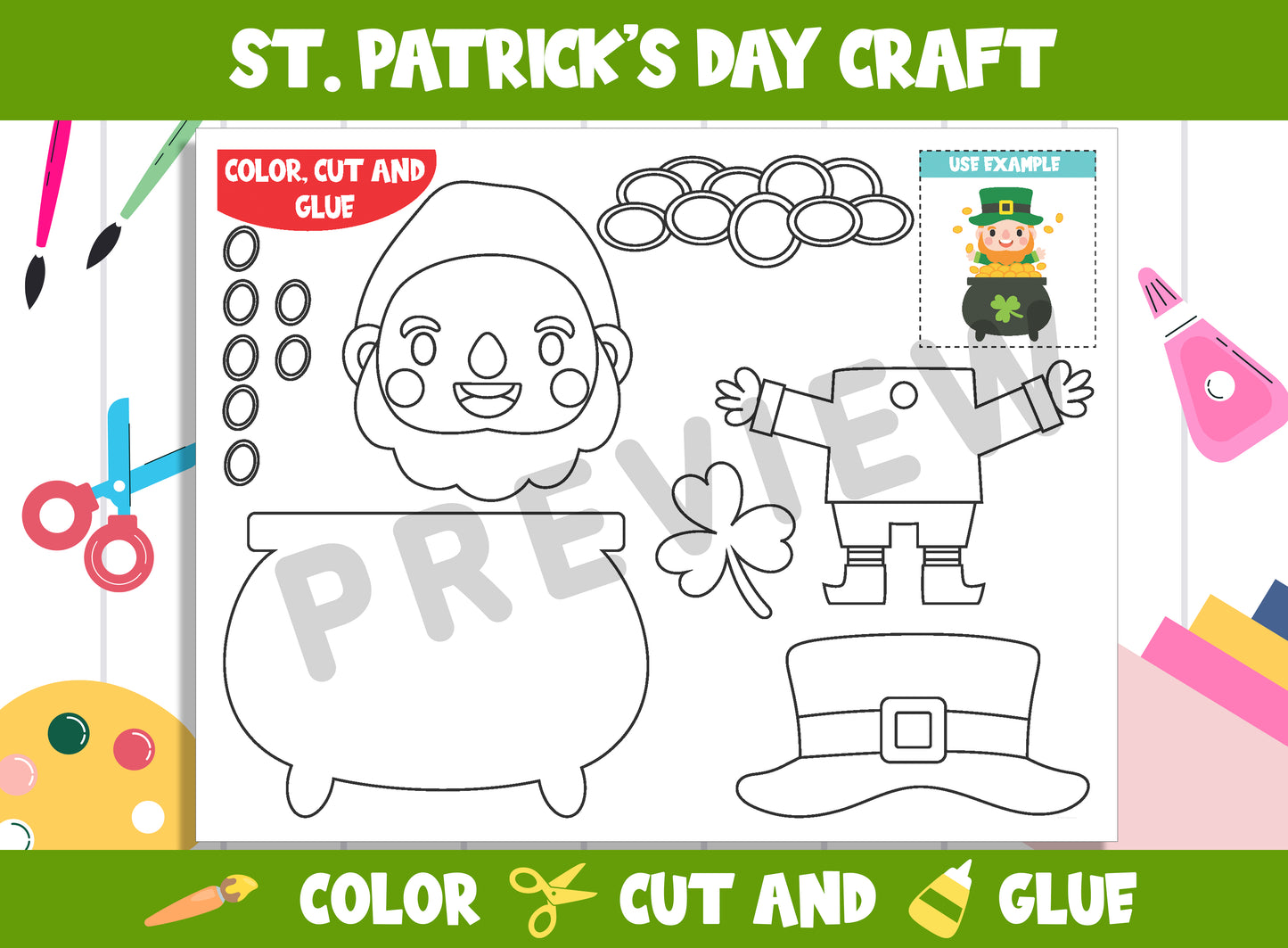 St. Patrick's Day Craft Activity : Color, Cut, and Glue for PreK to 2nd Grade, PDF File, Instant Download