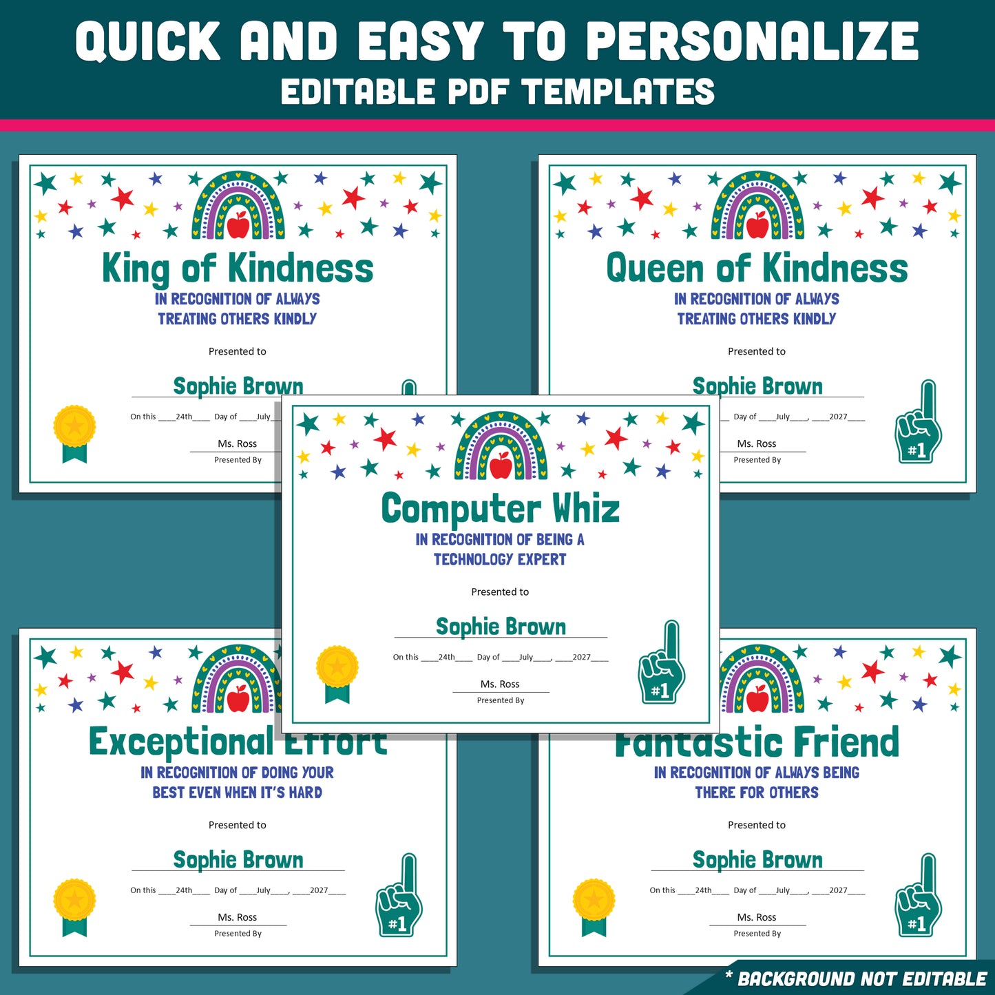Editable End-of-Year Superlative Awards, Personalized Classroom Honors, Rainbow and Star Themed Certificates, PowerPoint