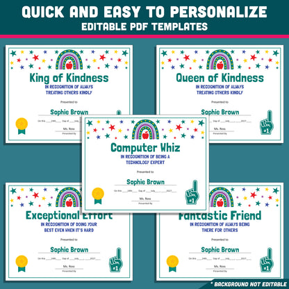 Editable End-of-Year Superlative Awards, Personalized Classroom Honors, Rainbow and Star Themed Certificates, PowerPoint