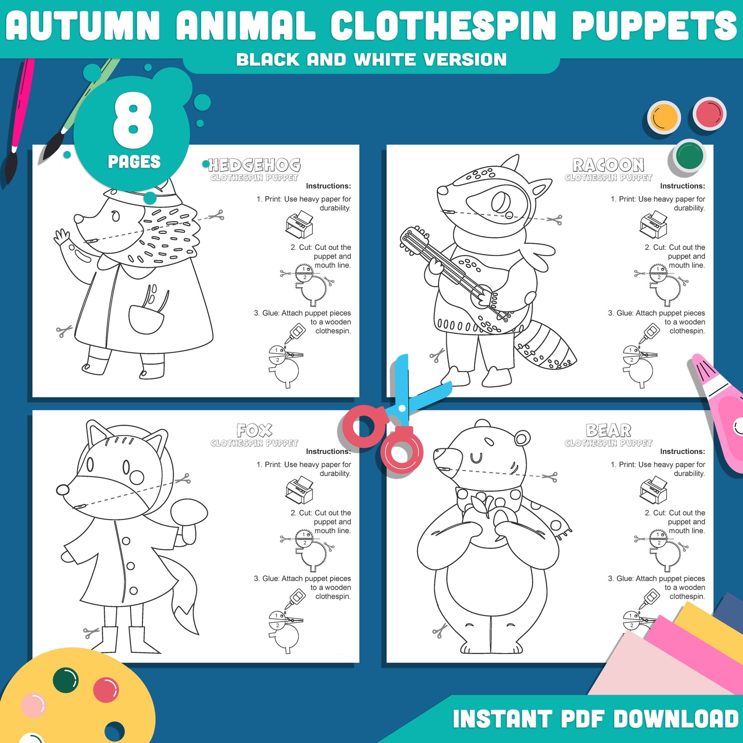 Autumn Animal Clothespin Puppets for Kids: 8-Page Craft Activity Featuring Hedgehog, Bear, Raccoon, Fox, Pre-Colored and Black & White Printables