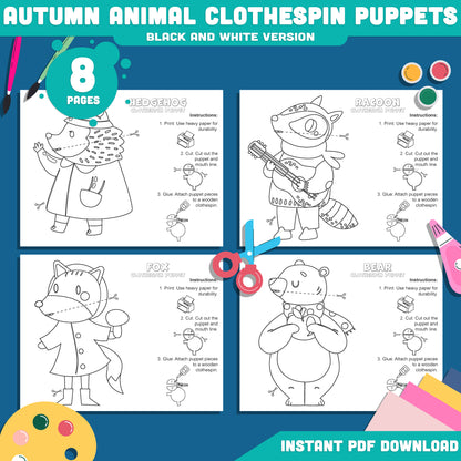 Autumn Animal Clothespin Puppets for Kids: 8-Page Craft Activity Featuring Hedgehog, Bear, Raccoon, Fox, Pre-Colored and Black & White Printables