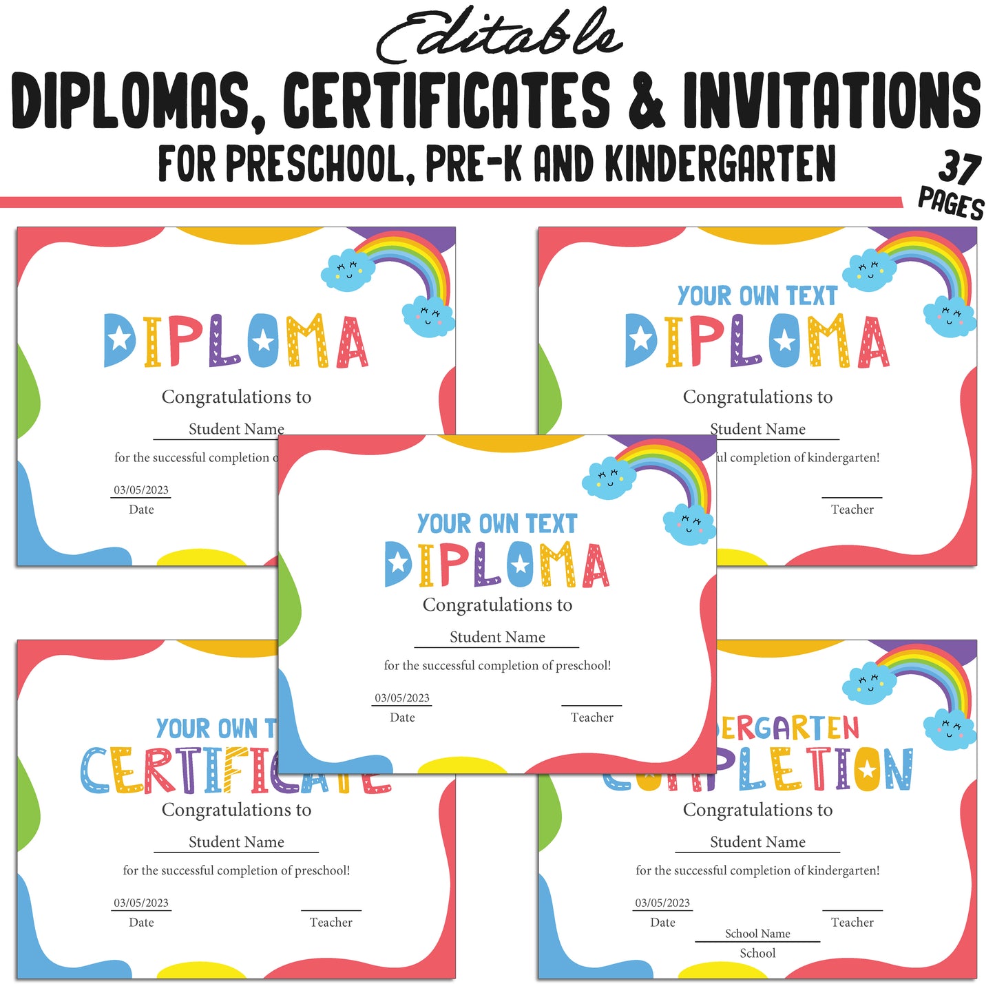 37 Editable Kindergarten, Pre-K, and Preschool Diplomas, Certificates of Completion, and Invitations – Instant PDF Download!