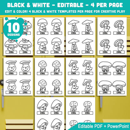 Cute Mushroom Themed Editable Locker Labels (Cubby Name Tags), PDF + PowerPoint, Back to School Name Tags, 4 per Page, 40 Pages