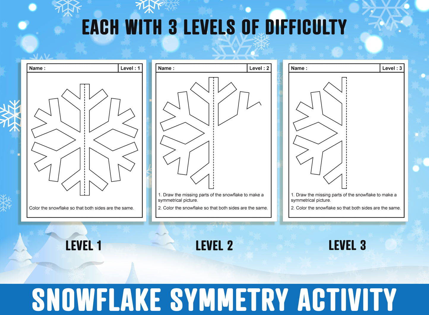 Snowflake Symmetry Unveiled: 24 Pages, 8 Distinct Designs, Each Featuring 3 Levels of Difficulty to Inspire Creative Mastery