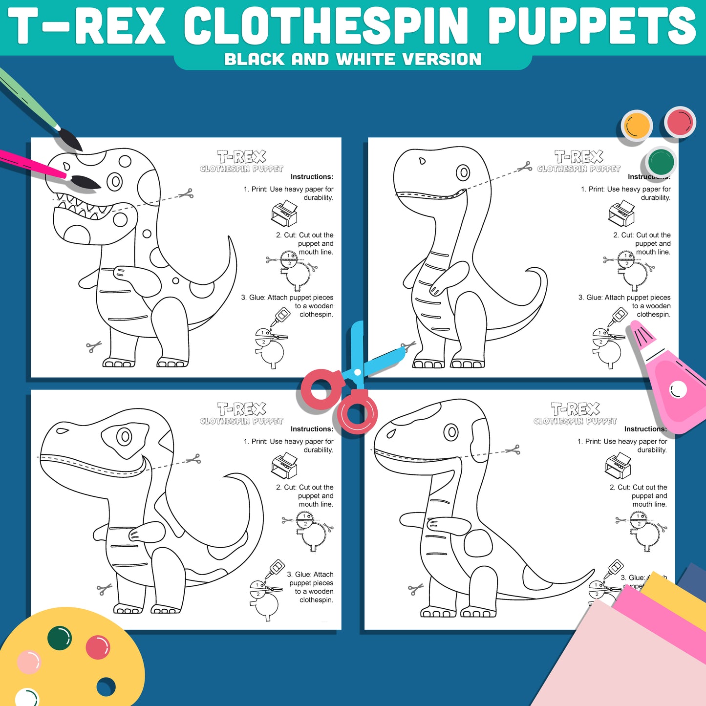 T-Rex Clothespin Puppets, Dinosaur Mouth Puppet Craft, Tyrannosaurus Rex Printable Activity, Color Cut and Create PDF