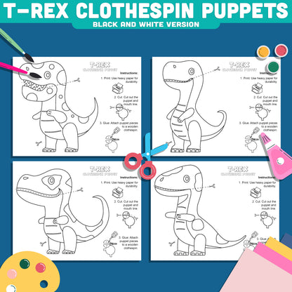 T-Rex Clothespin Puppets, Dinosaur Mouth Puppet Craft, Tyrannosaurus Rex Printable Activity, Color Cut and Create PDF