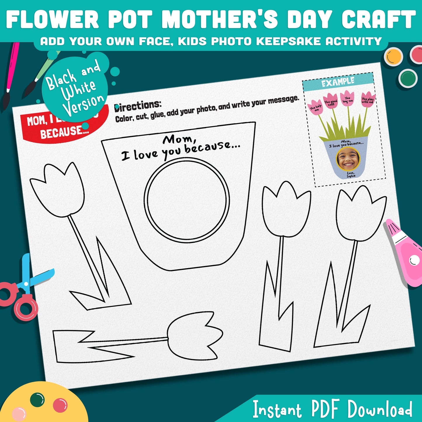 Mother’s Day Flower Pot Craft, Student Picture Craft with Writing Prompt, Printable Coloring Cutting Project, Gift for Mom Grandma or Family, Black White Color