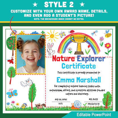 Editable Nature Explorer Certificates – 2 Styles, Nature-themed Awards with Photo Spots