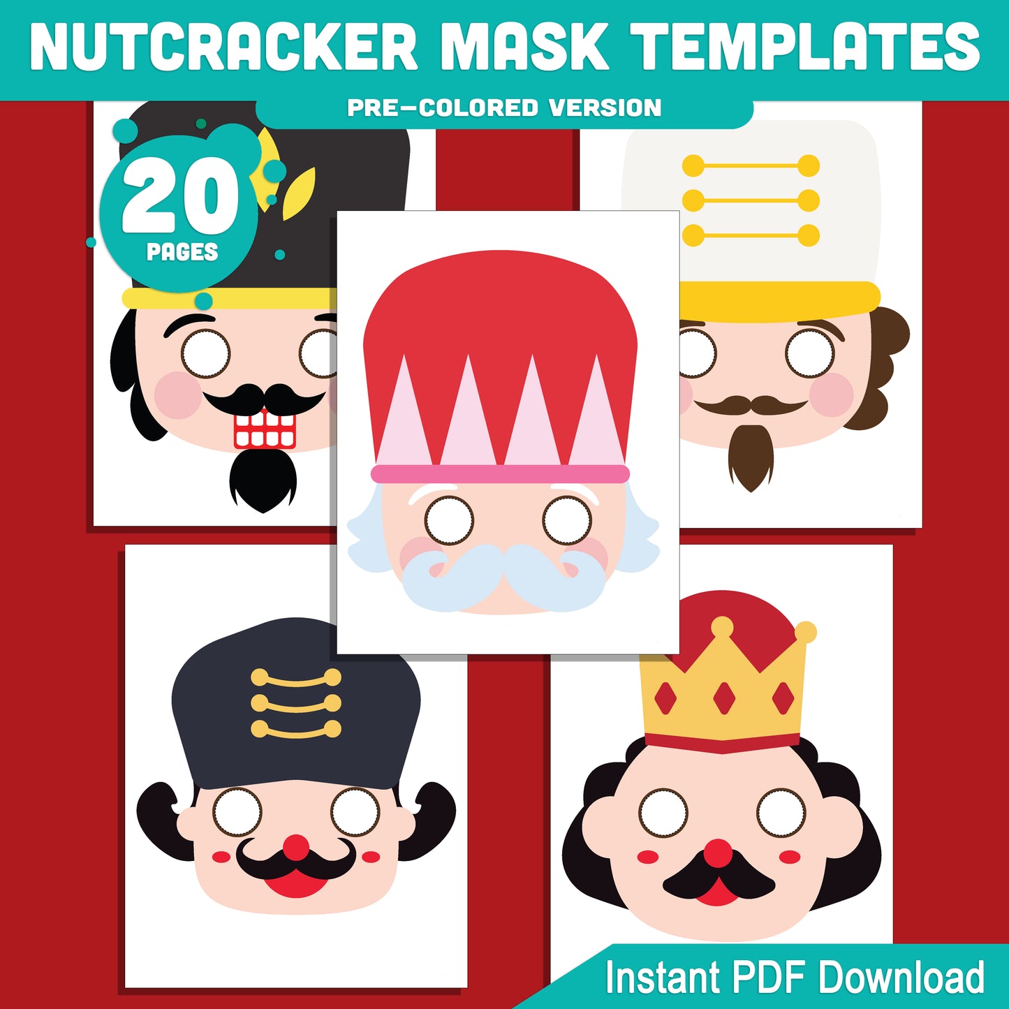 Printable Nutcracker Mask Templates: Holiday Craft for Kids, 10 Designs, Pre-Colored + Black and White, Perfect for Christmas School Play or Home Party, PDF