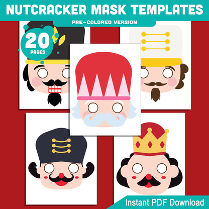 Printable Nutcracker Mask Templates: Holiday Craft for Kids, 10 Designs, Pre-Colored + Black and White, Perfect for Christmas School Play or Home Party, PDF