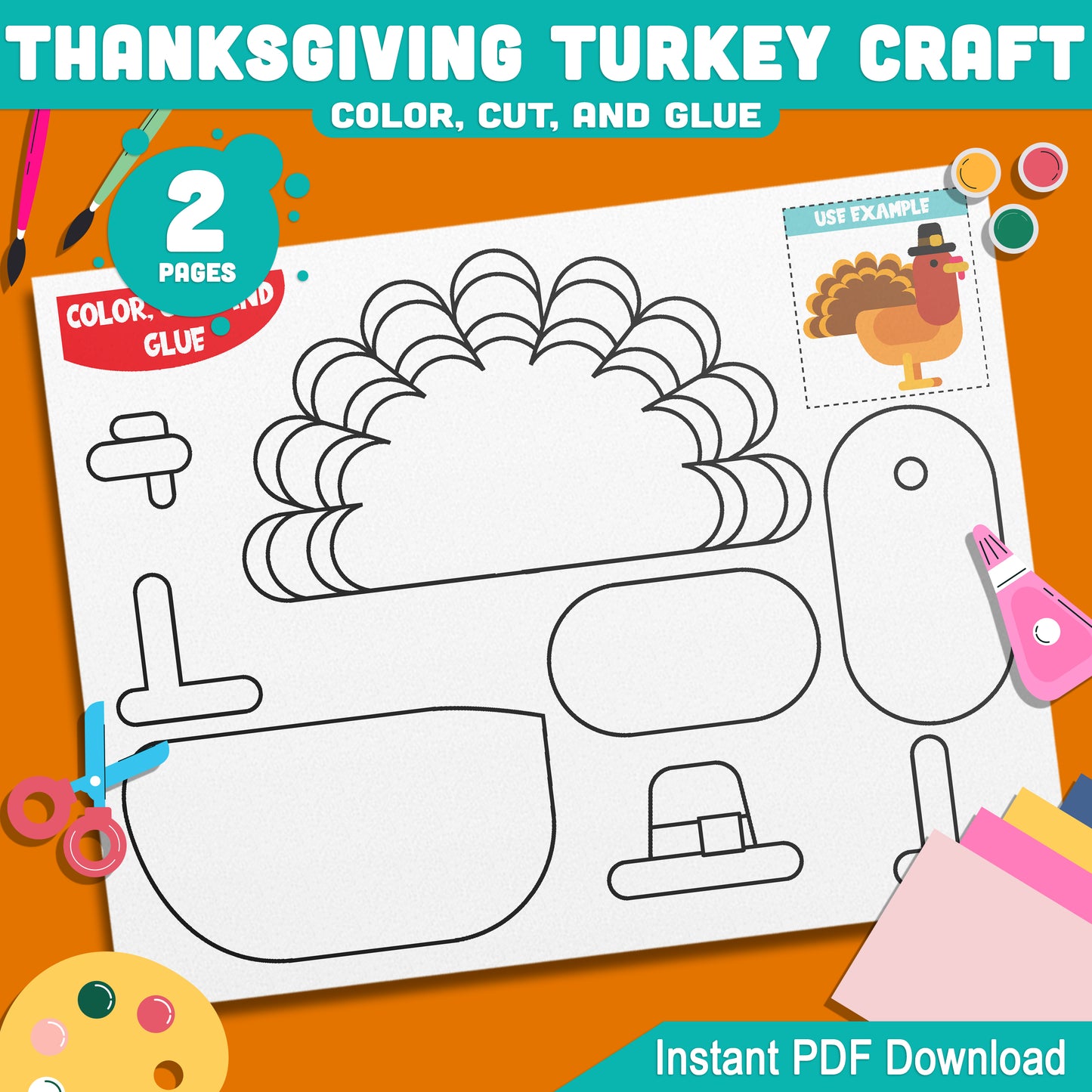 Cute & Simple Thanksgiving Turkey Craft: Fun Color, Cut, and Glue Activity for Kids – Perfect for Thanksgiving Art Projects, Instant Download