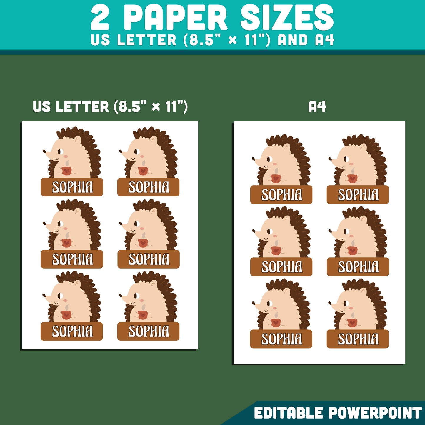 Cozy Hedgehog Name Tags, Editable Locker & Cubby Labels, Snug Nature Classroom Theme, PowerPoint Template, 10 Designs, Student Spaces, US Letter, A4