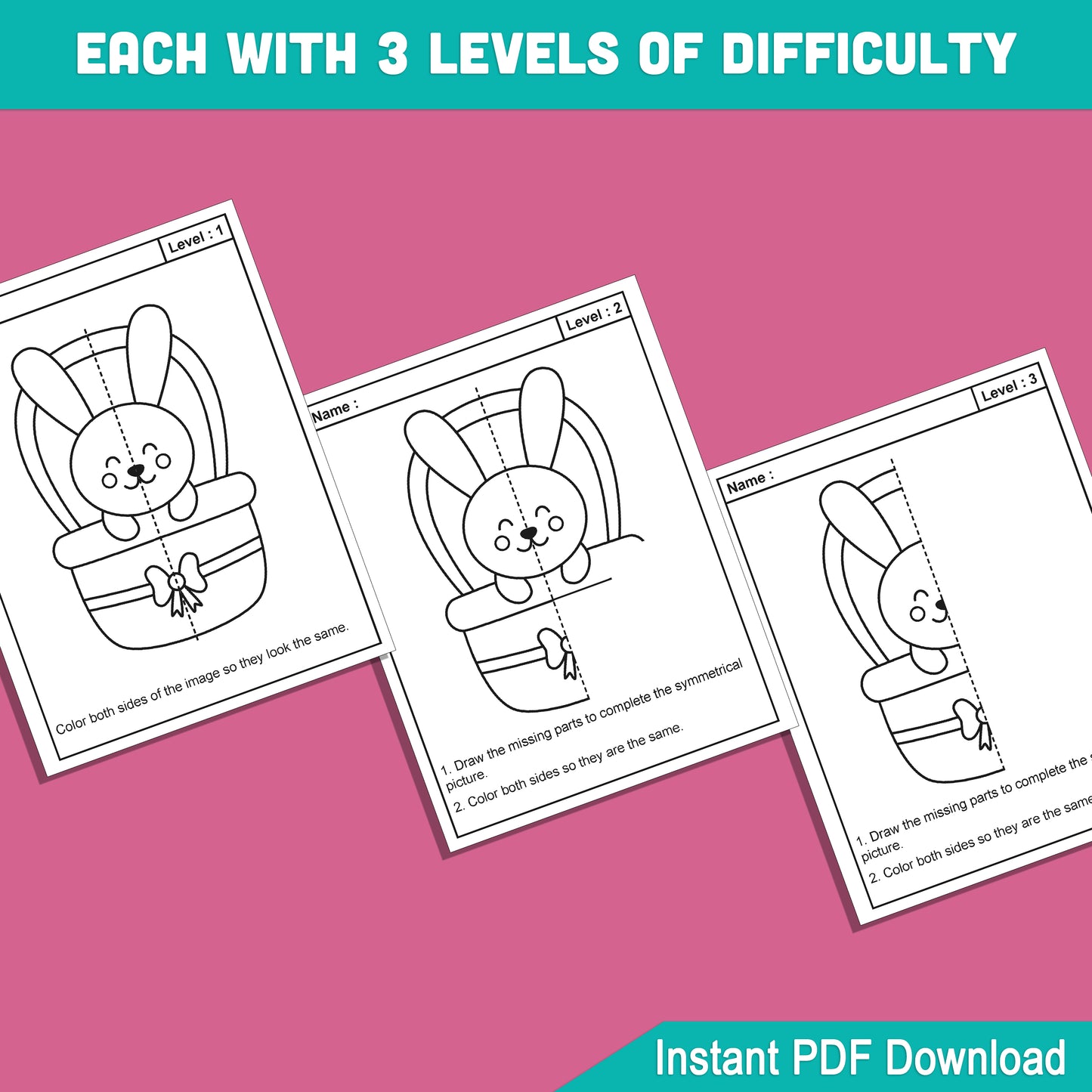 Easter Symmetry Activity Pack: 24 Printable Pages with 8 Themed Designs in Easy, Medium, and Hard Levels for Kids, Home, or Classroom Use