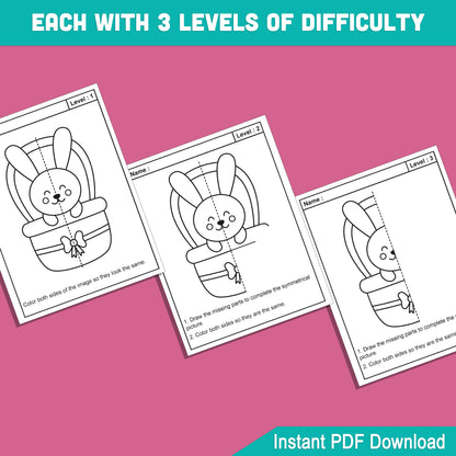 Easter Symmetry Activity Pack: 24 Printable Pages with 8 Themed Designs in Easy, Medium, and Hard Levels for Kids, Home, or Classroom Use