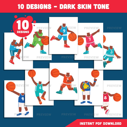 Basketball Player Body Templates, Add Your Own Face Craft Activity, Sports Photo Insert Printable, 20 Designs Light & Dark Skin Tone, Coloring Version Included