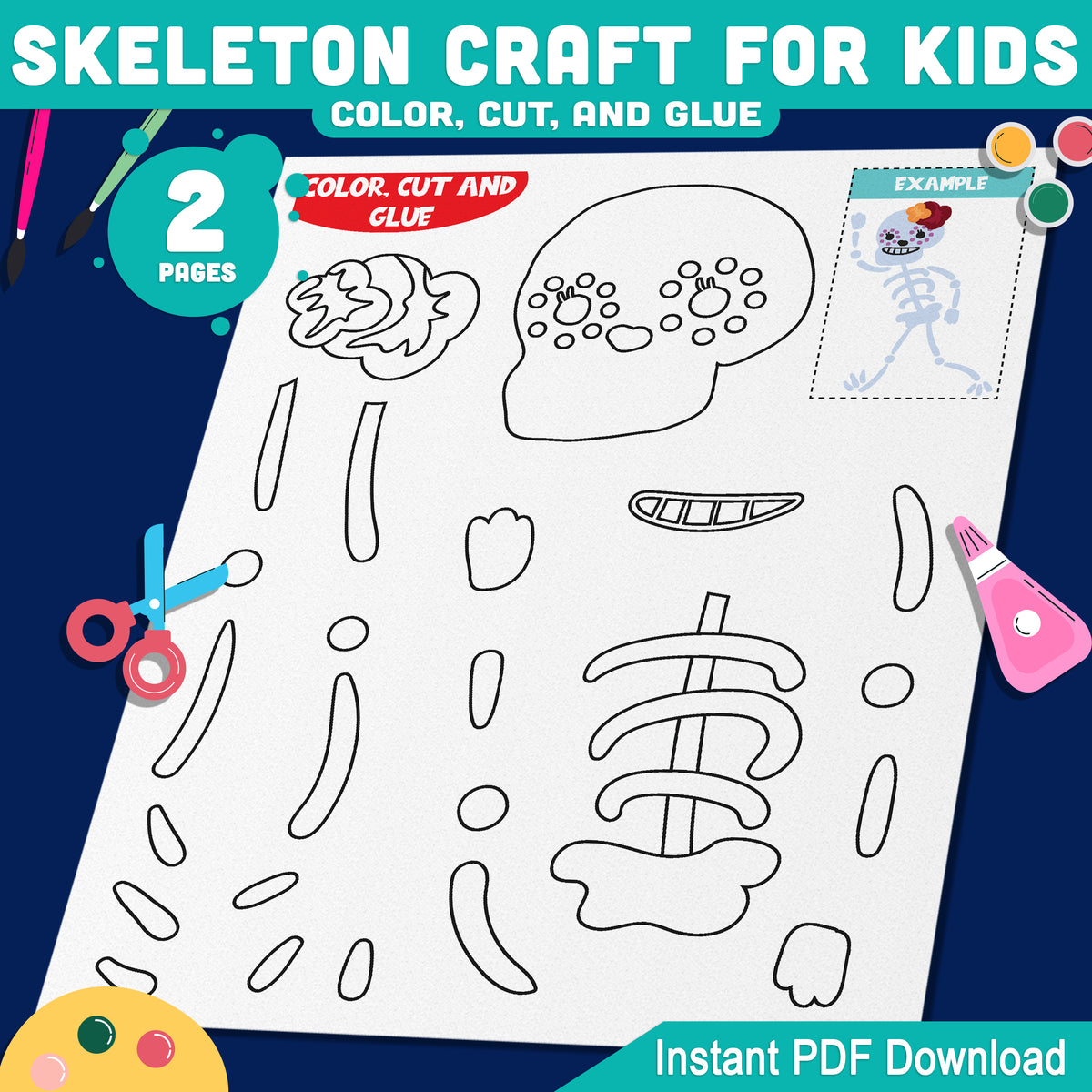 Skeleton Craft for Kids, Build Your Own Paper Skeleton, Halloween Art Project, Printable Cutout Pieces, Letter and A4 PDF