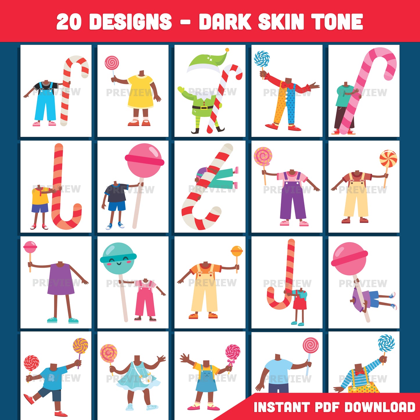 Printable Candy Cane Hugger Templates, Add Your Face Craft for Winter and Christmas, 20 Designs Light Skin + 20 Designs Dark Skin, Fun School or Home Activity, PDF+PNG