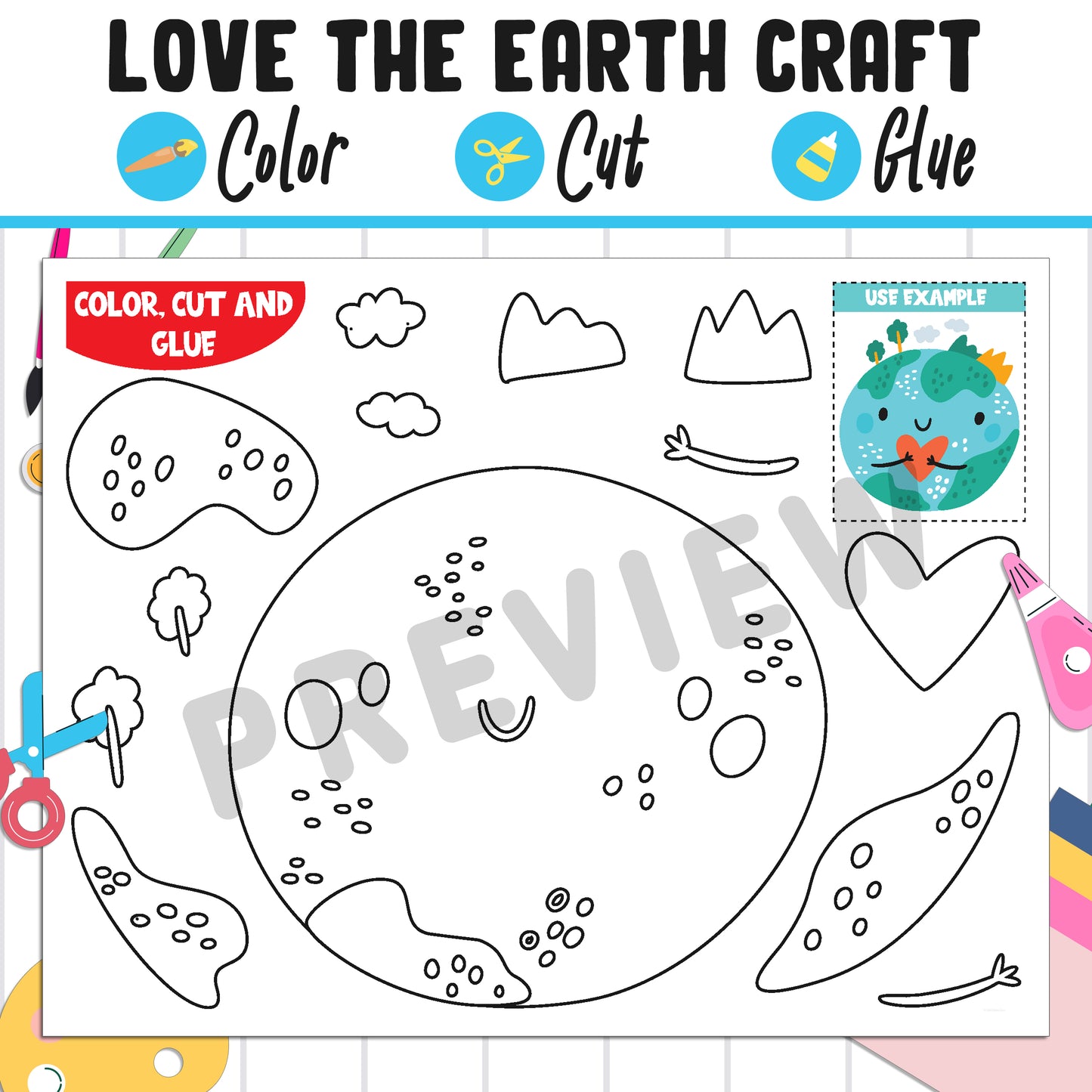 Love the Earth Craft for Kids : Color, Cut, and Glue, a Fun Activity for Pre K to 2nd Grade, PDF Instant Download