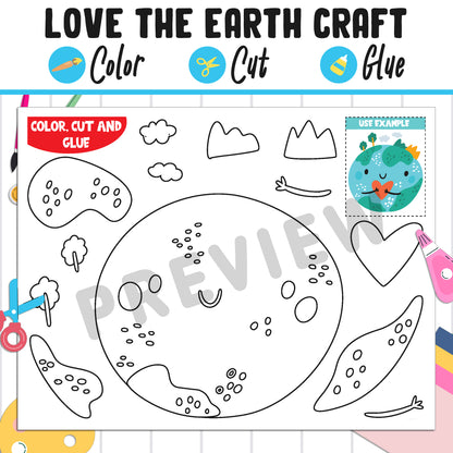 Love the Earth Craft for Kids : Color, Cut, and Glue, a Fun Activity for Pre K to 2nd Grade, PDF Instant Download