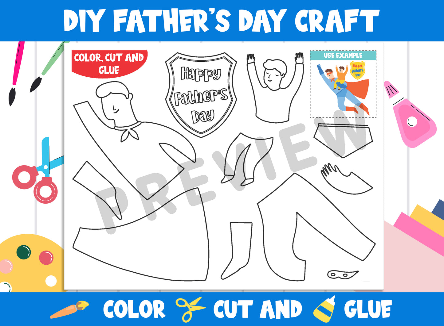 DIY Father's Day Craft Activity - Color, Cut, and Glue for PreK to 2nd Grade, PDF File, Instant Download