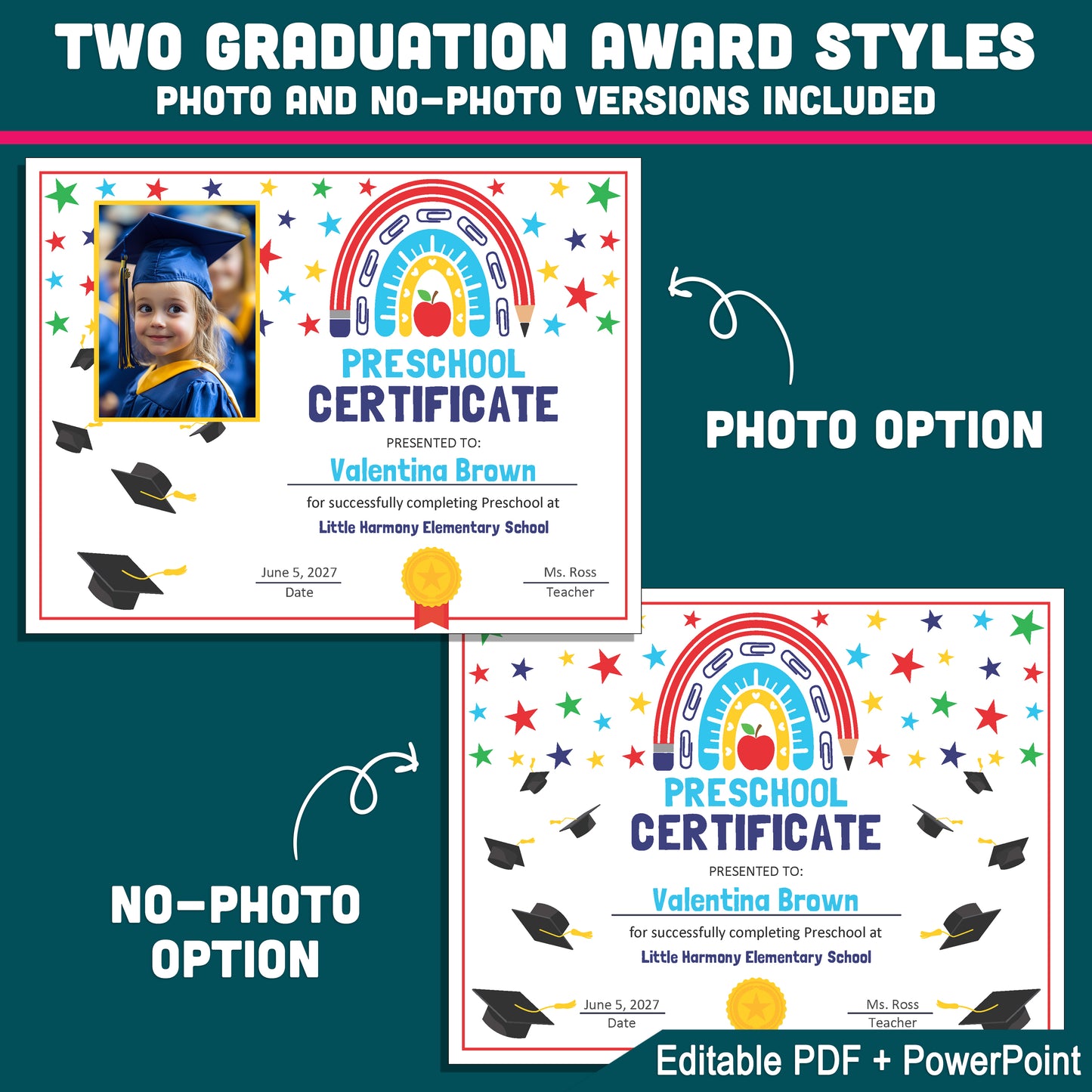 Editable Graduation Certificate Templates, Student Keepsake Awards with Photo and No-Photo Versions, PDF and PowerPoint