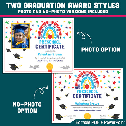 Editable Graduation Certificate Templates, Student Keepsake Awards with Photo and No-Photo Versions, PDF and PowerPoint