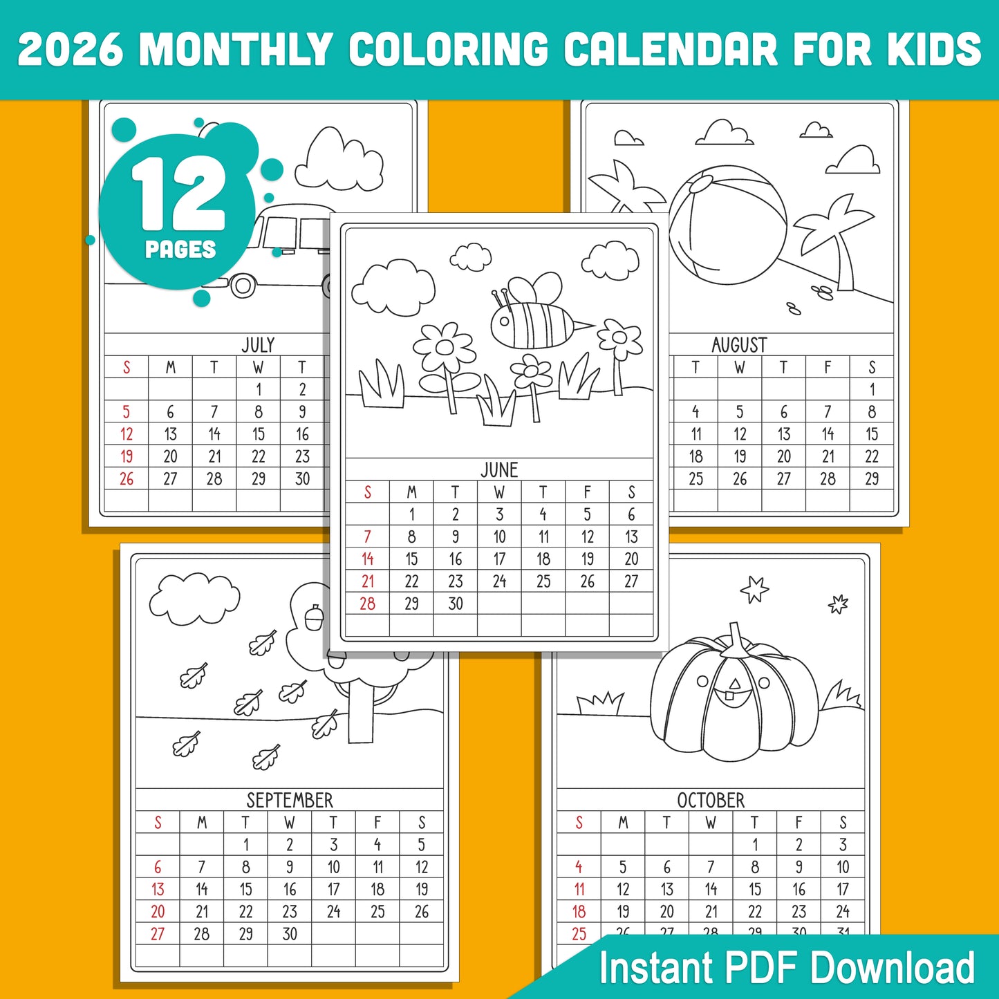 Interactive 2026 Calendar Coloring Activity: Learn and Color Each Month, Perfect for Kids’ Education and Fun, Instant PDF Download