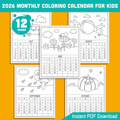 Interactive 2026 Calendar Coloring Activity: Learn and Color Each Month, Perfect for Kids’ Education and Fun, Instant PDF Download