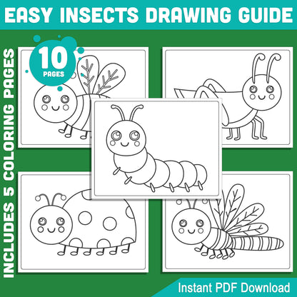 Learn to Draw Insects: 5 Easy Tutorials with Bonus Coloring Pages, Caterpillar, Dragonfly, Ladybug, Bee, Grasshopper, Instant PDF Download