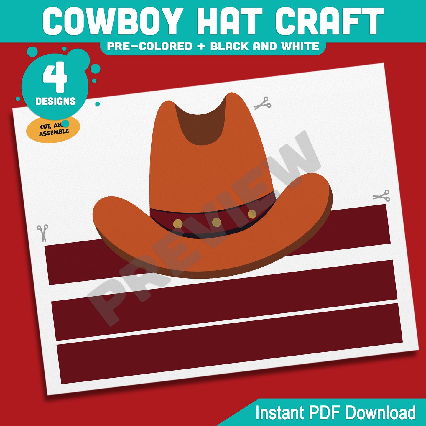 Cowboy Hat Craft, Wild West Headband Activity, Cowgirl & Cowboy Coloring Template, Summer Fun Printable, PDF Download