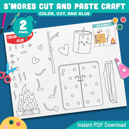 S'mores Summer Camping Craft for Kids, 2 Fun Pages to Color Cut and Glue, Pre-Colored and Black & White, Instant PDF Download