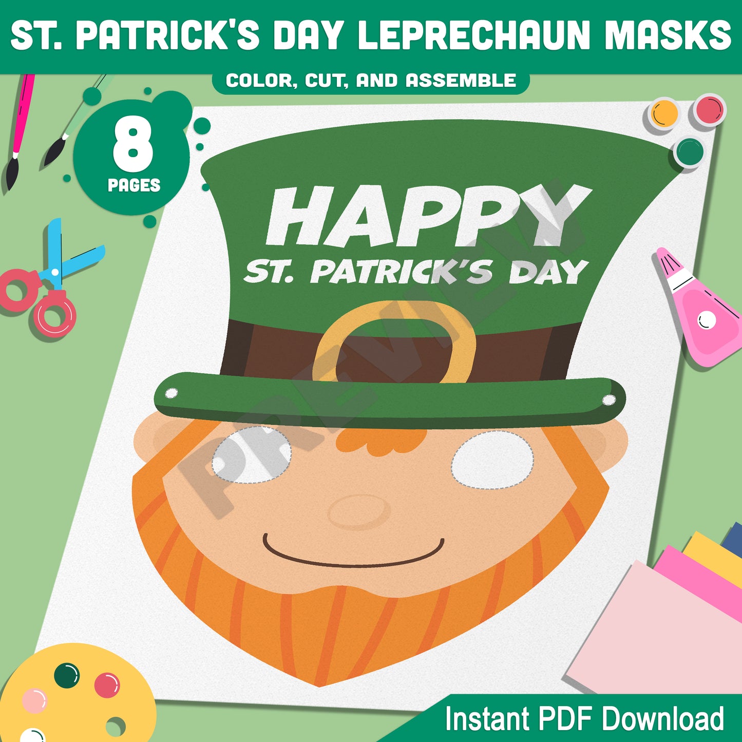 St. Patrick's Day Craft for Kids: Leprechaun Mask Templates with 4 Festive Designs to Color, Cut, and Assemble, Instant Download, PDF File