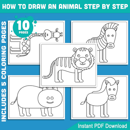 Easy Animal Drawing Lessons: Step-by-Step Tutorials & Coloring Pages for Tiger, Hippo, Giraffe, Zebra, Horse - Download Now