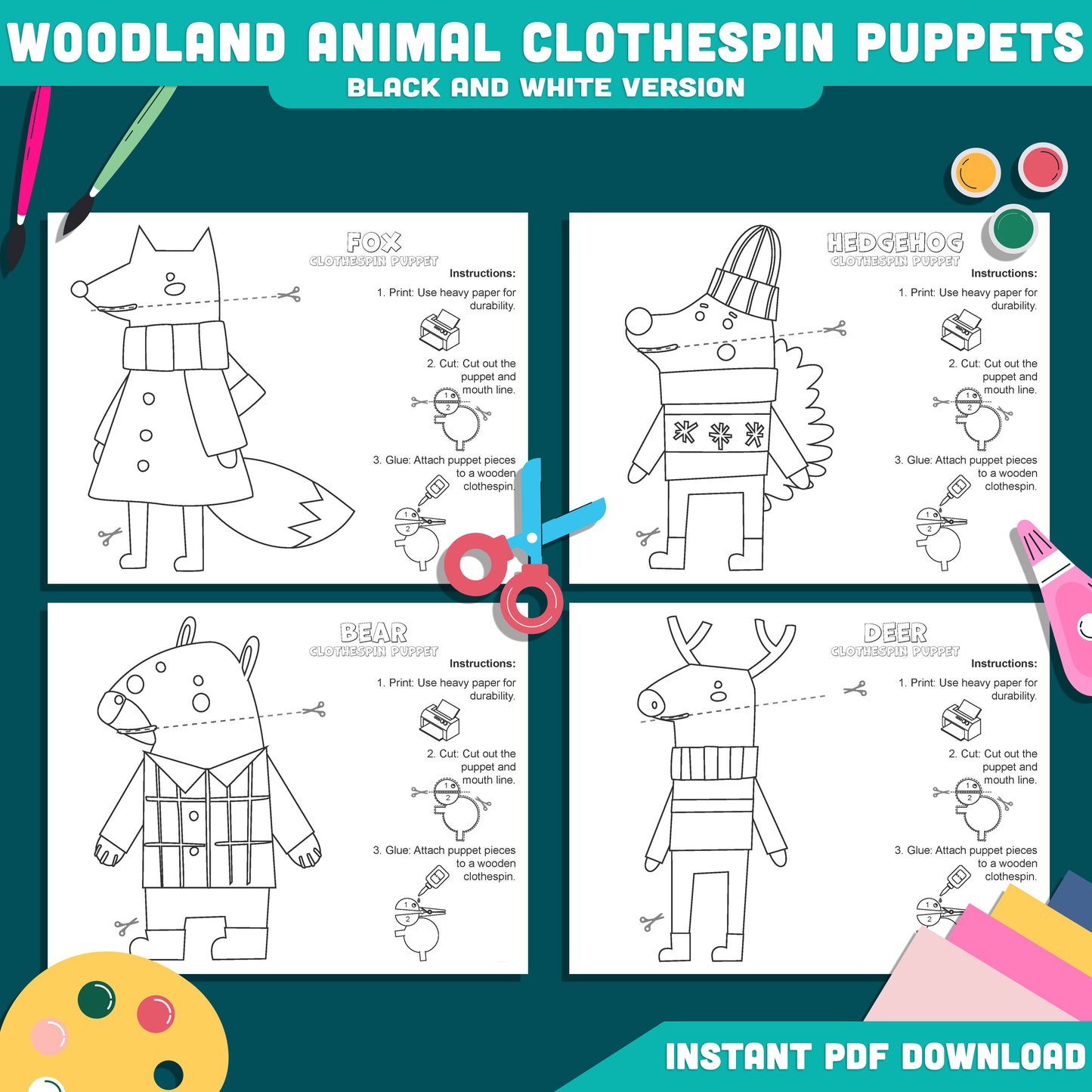Woodland Animal Clothespin Puppets, Moving Forest Creature Craft Activity, Deer Fox Bear Hedgehog Templates, Printable PDF