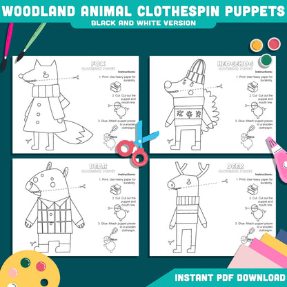 Woodland Animal Clothespin Puppets, Moving Forest Creature Craft Activity, Deer Fox Bear Hedgehog Templates, Printable PDF