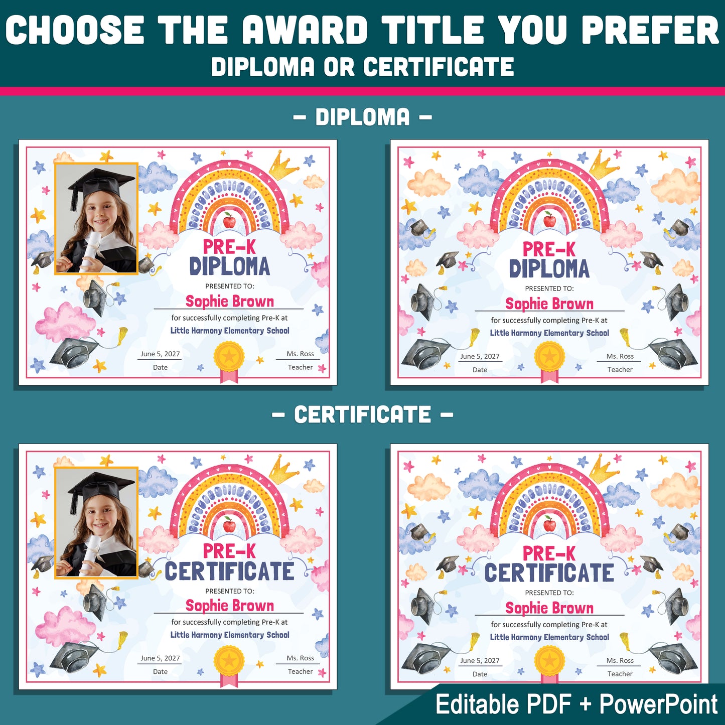 Pre-K Completion Certificate, Rainbow Star Editable End of School Year Awards, Photo and No Photo Versions, PDF and PowerPoint Download